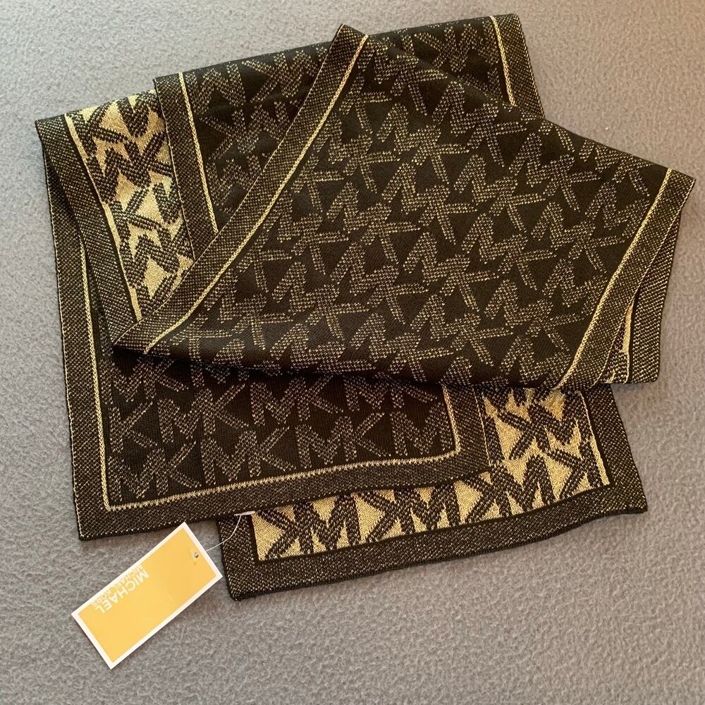 NWT MK Michael Kors Metallic Logo Knit Scarf Black & Gold Monogram One Size
